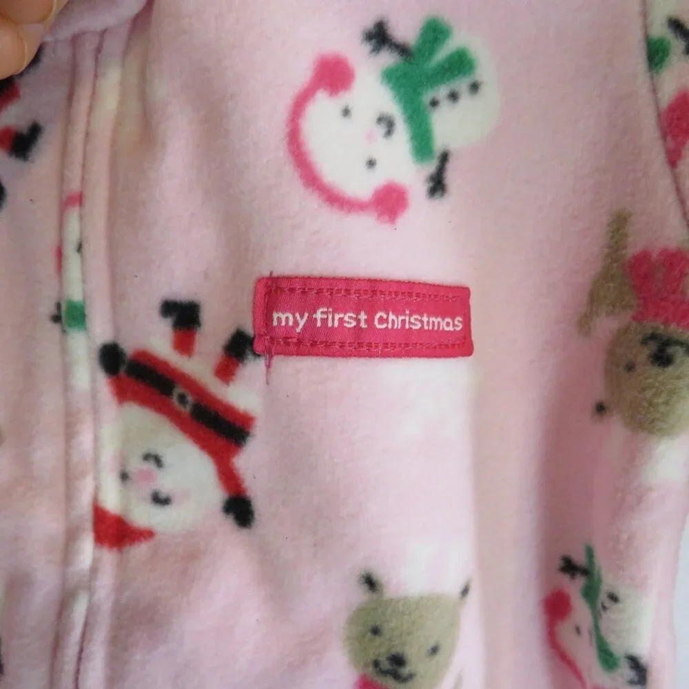 Baby pink Christmas footed zippered bodysuit long sleeve 100% polyester Santa